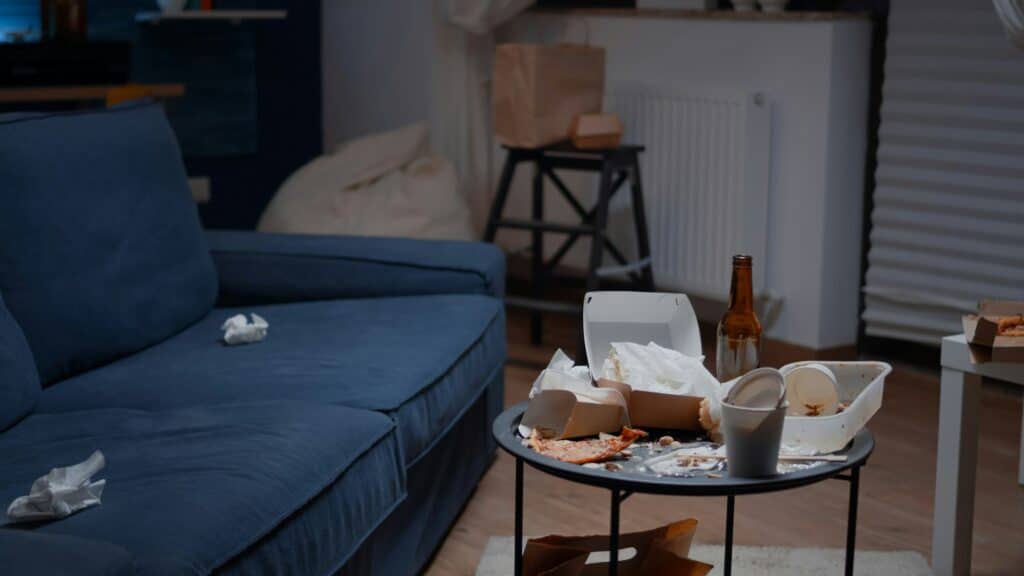 Close up of table with leftover on it in empty unorganized messy living room